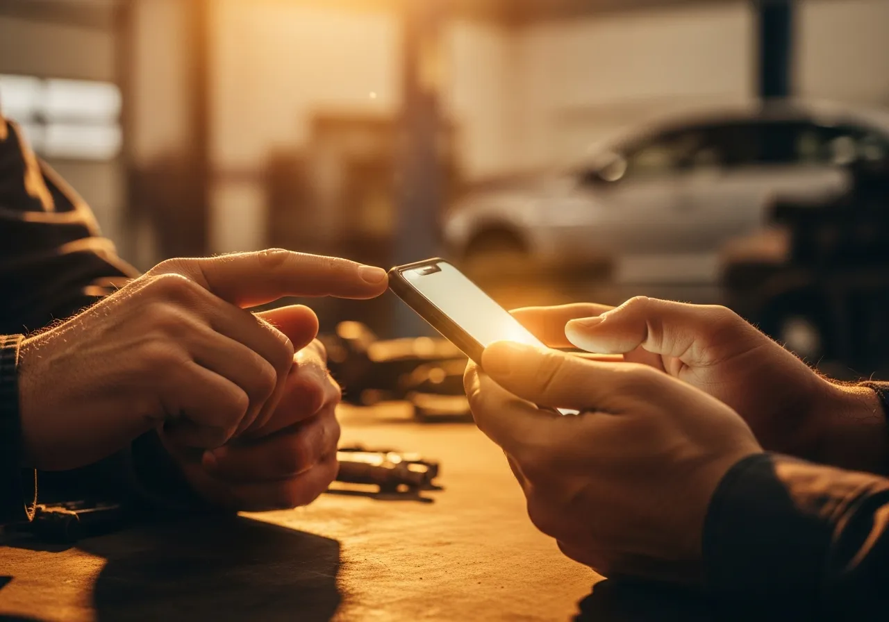 Manos sosteniendo un teléfono en una conversación de mensajería
