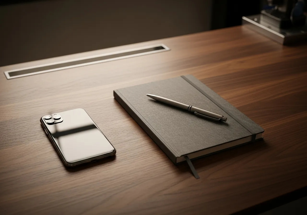 Escritorio con un teléfono, una libreta y un bolígrafo para anotar los datos del vehículo