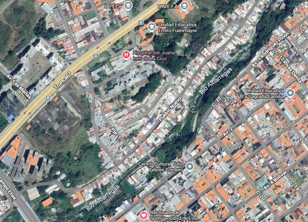 Vista satelital real del Río Albarregas a su paso por Pueblo Nuevo